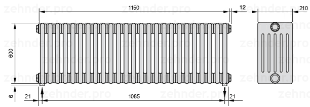 Схема (чертеж) Радиатор Zehnder Charleston 6060/25 №5310 Белый глянцевый RAL 9016